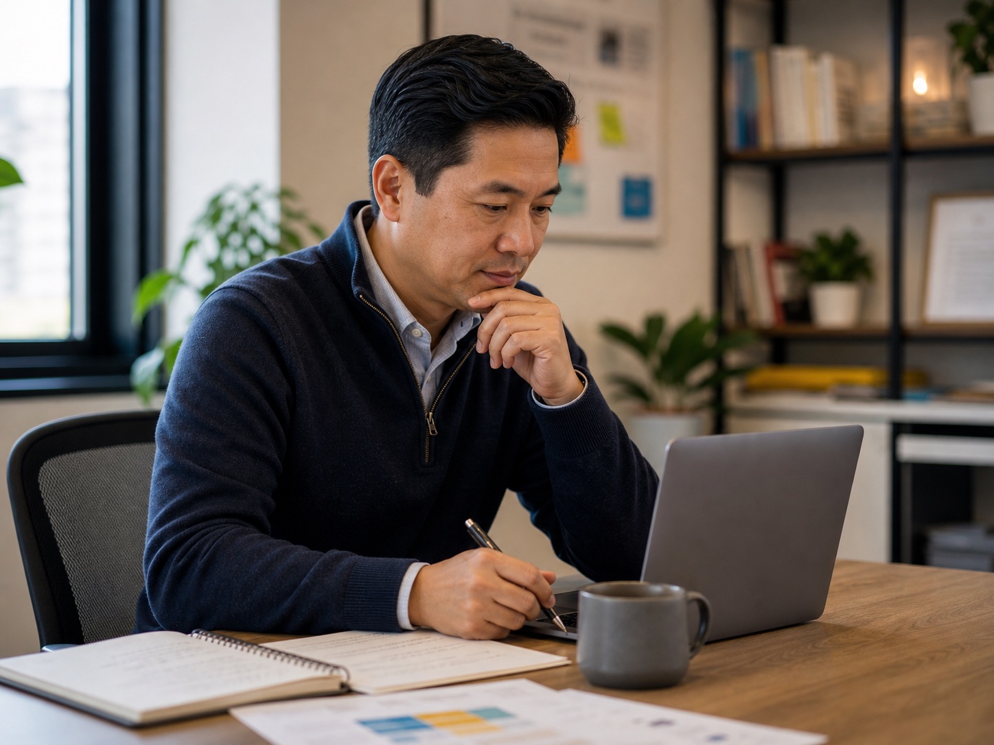 Entrepreneurship advisor reviewing client insights on a laptop before a meeting