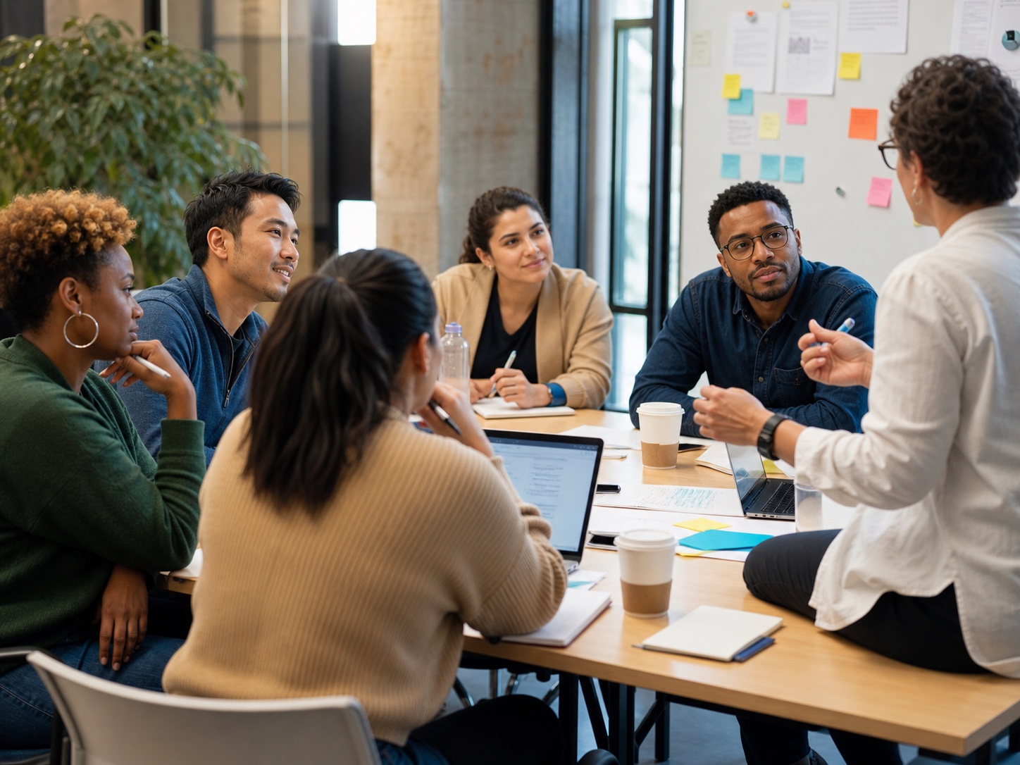 Diverse entrepreneur cohort in a workshop discussing business strategy