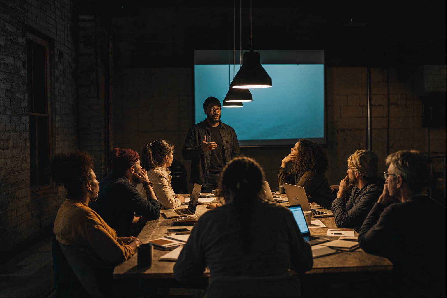 A cohort of entrepreneurs around a table during a program session