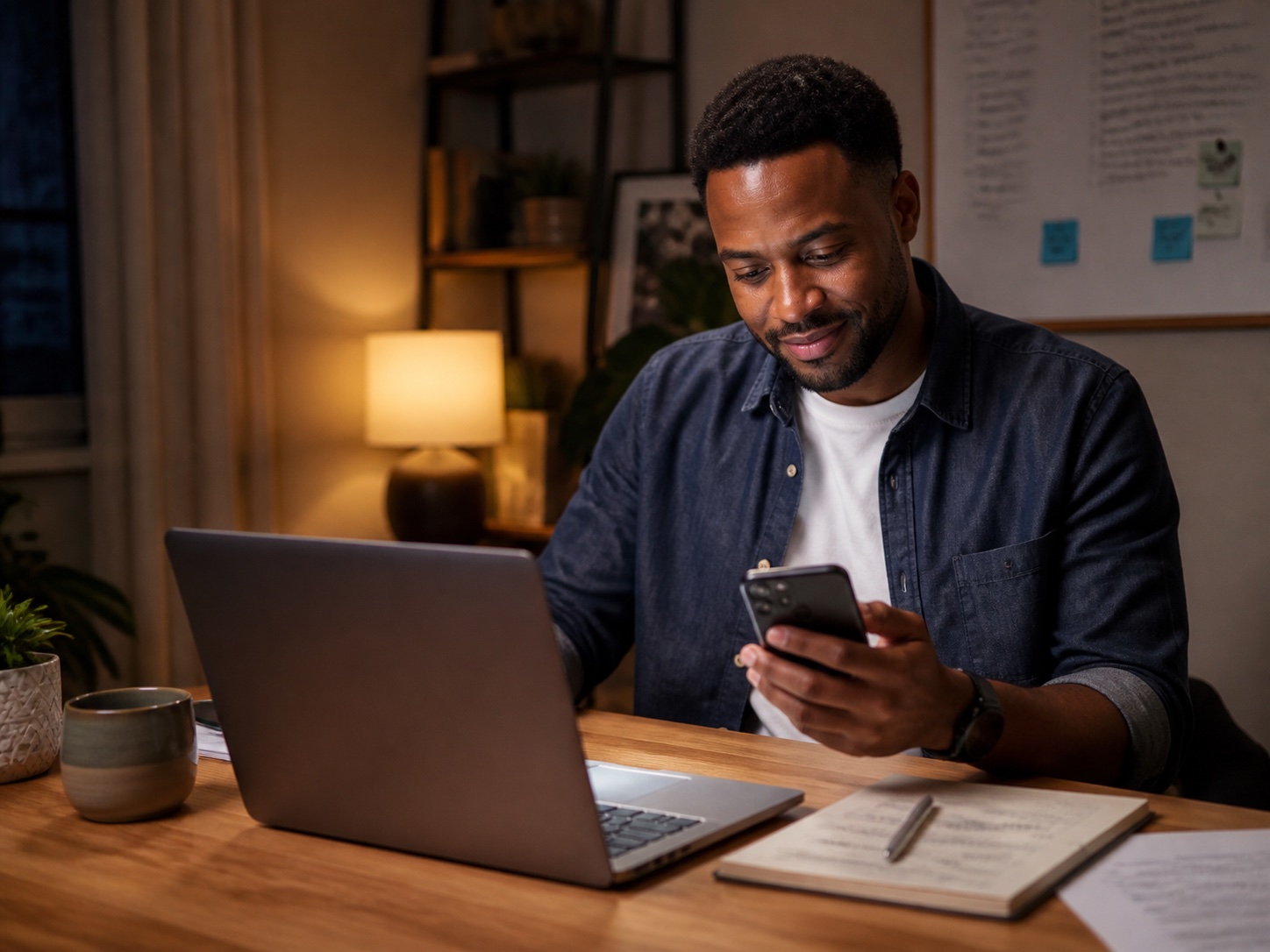 Small business owner reviewing support on a phone after hours while working at a laptop
