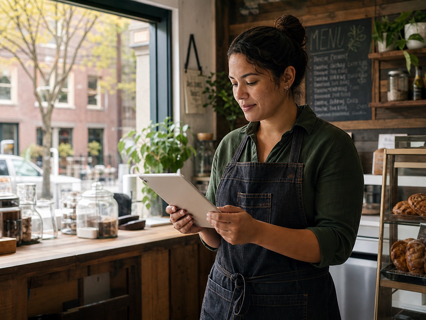 Local small business owner reviewing plans on a tablet in a storefront