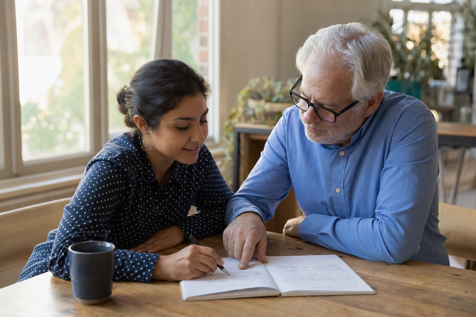 An advisor and a founder in conversation over a single open notebook in a community workspace