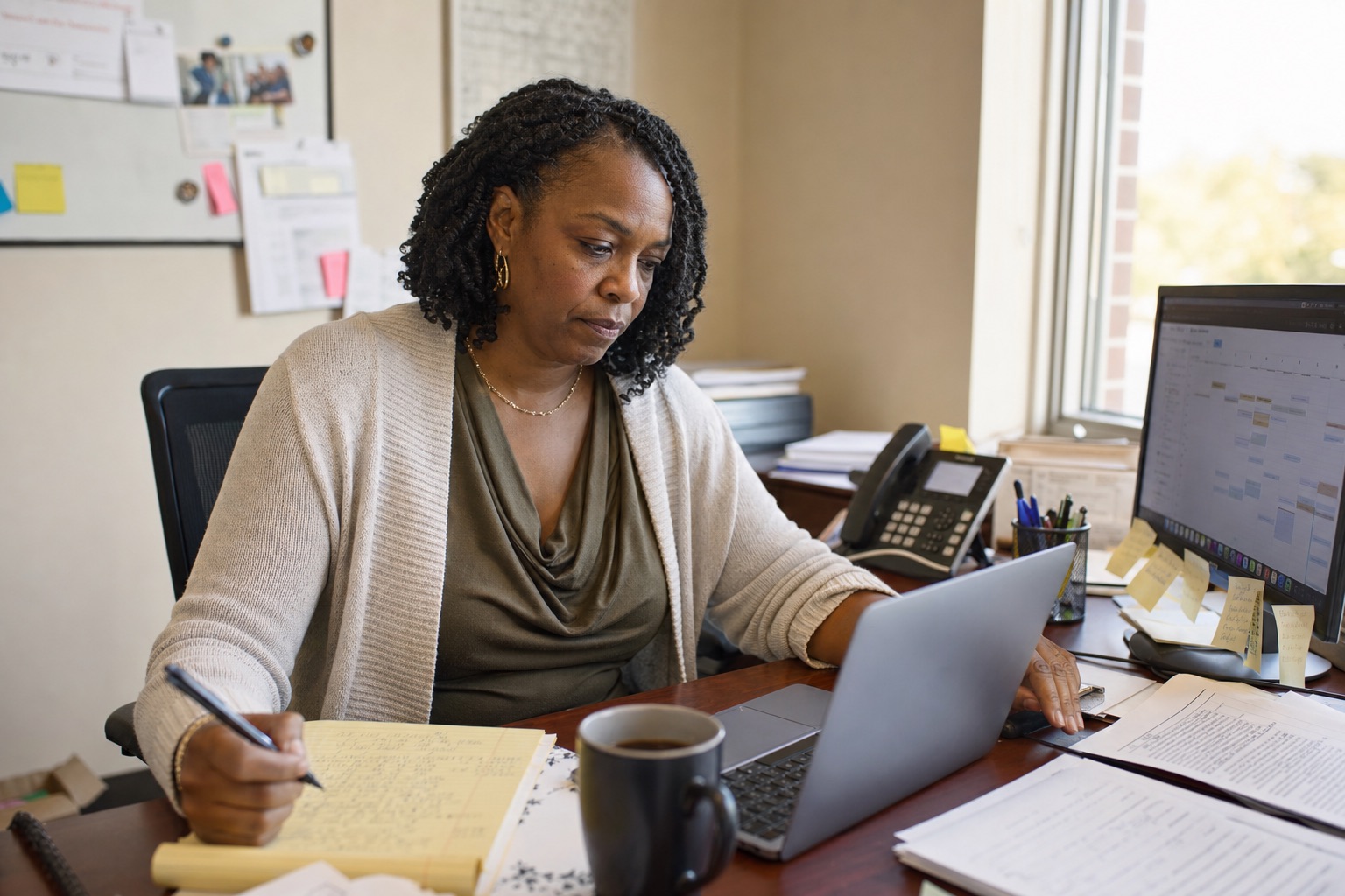 A program director at her desk, surrounded by notes, calendars, and half-finished documentation