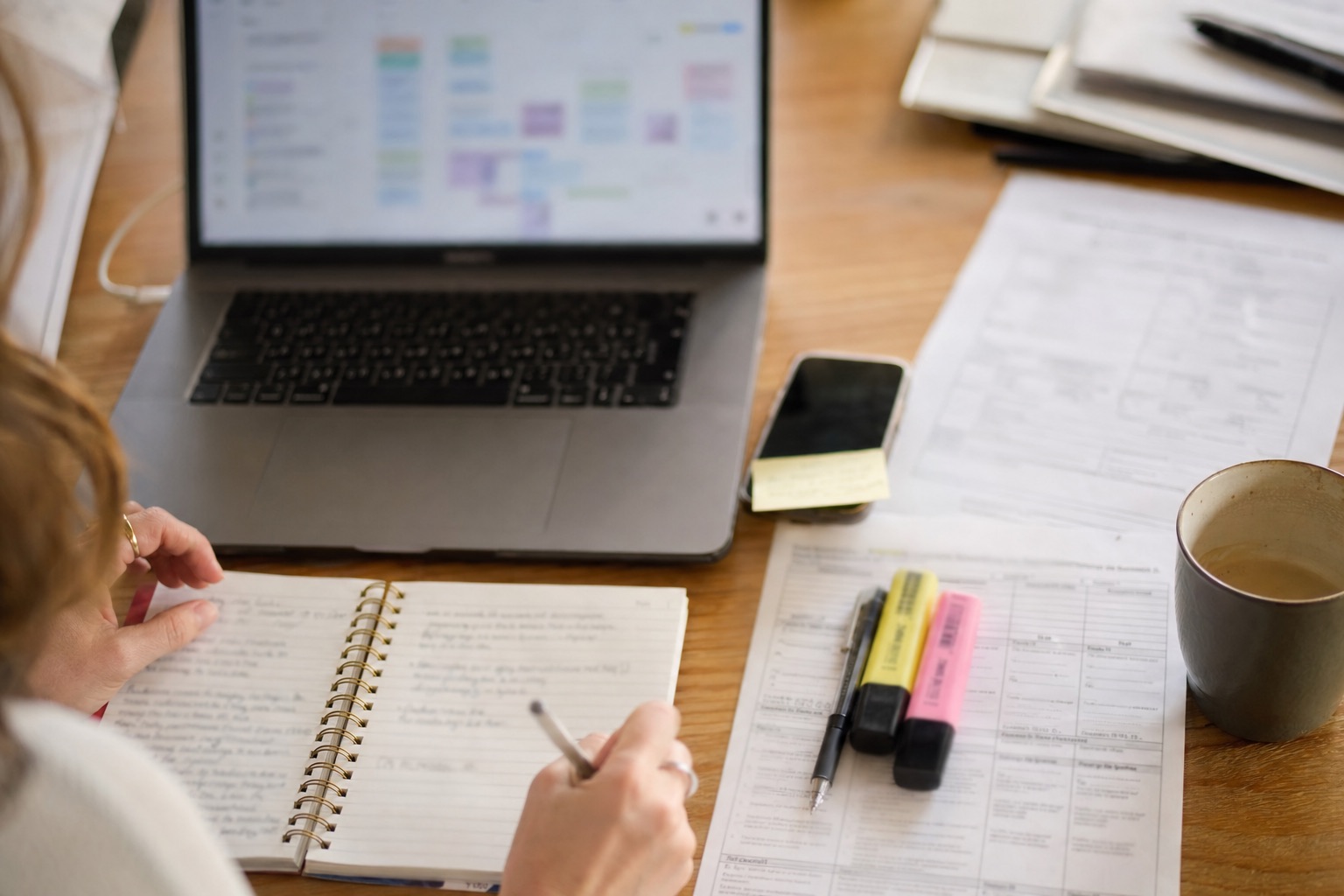 An advisor's desk covered with a notebook of handwritten meeting notes, a scheduling screen, forms, and a phone with a sticky note